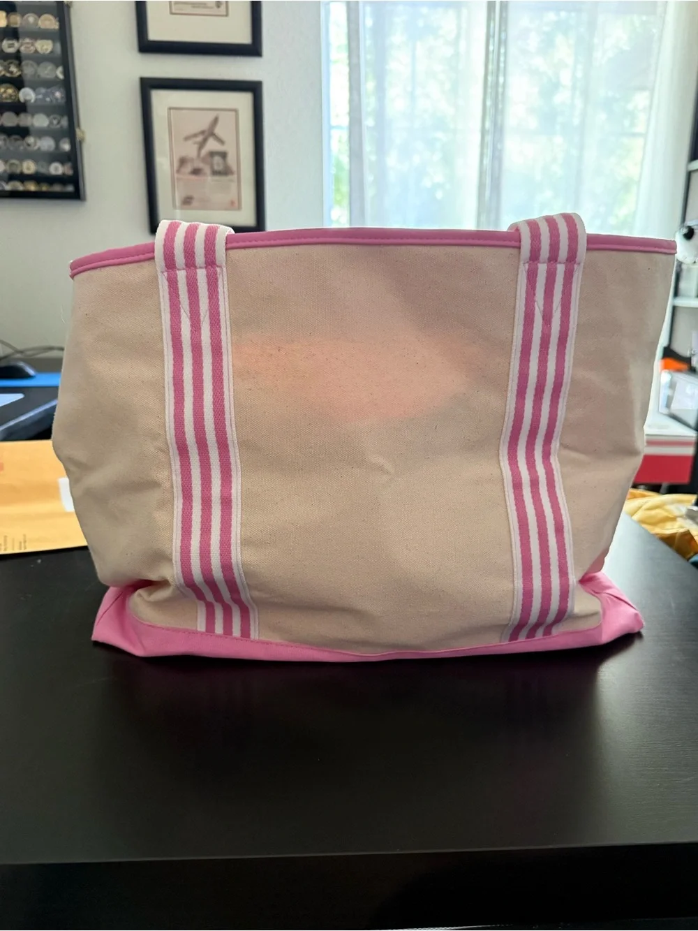 Victoria's Secret NWT pink and cream canvas tote bag with pink striped trim.